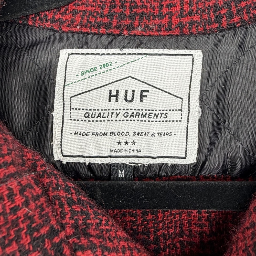 HUF Wool Blend Flannel Jacket Shirt Mens Medium Red Black Quilted Lined Shacket - Picture 3 of 11